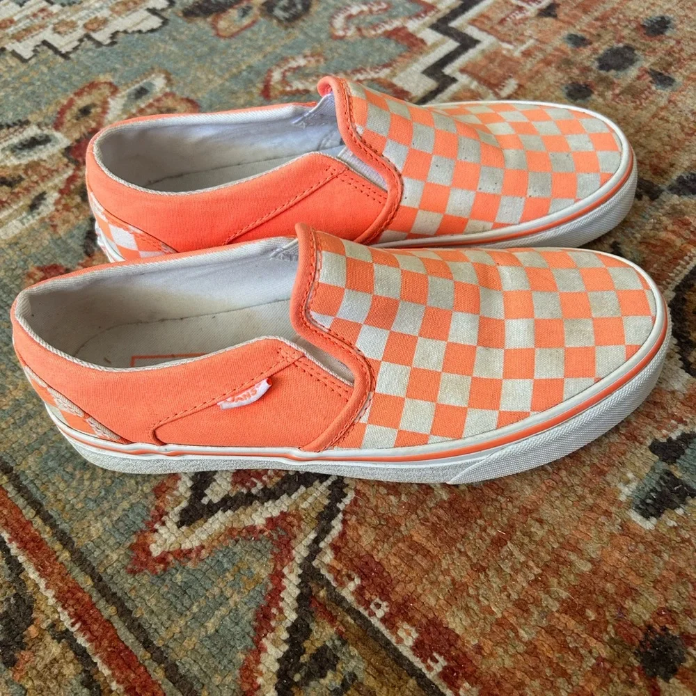Vans Women’s Orange and White Checkered Slip-On Sneakers - Picture 3 of 4